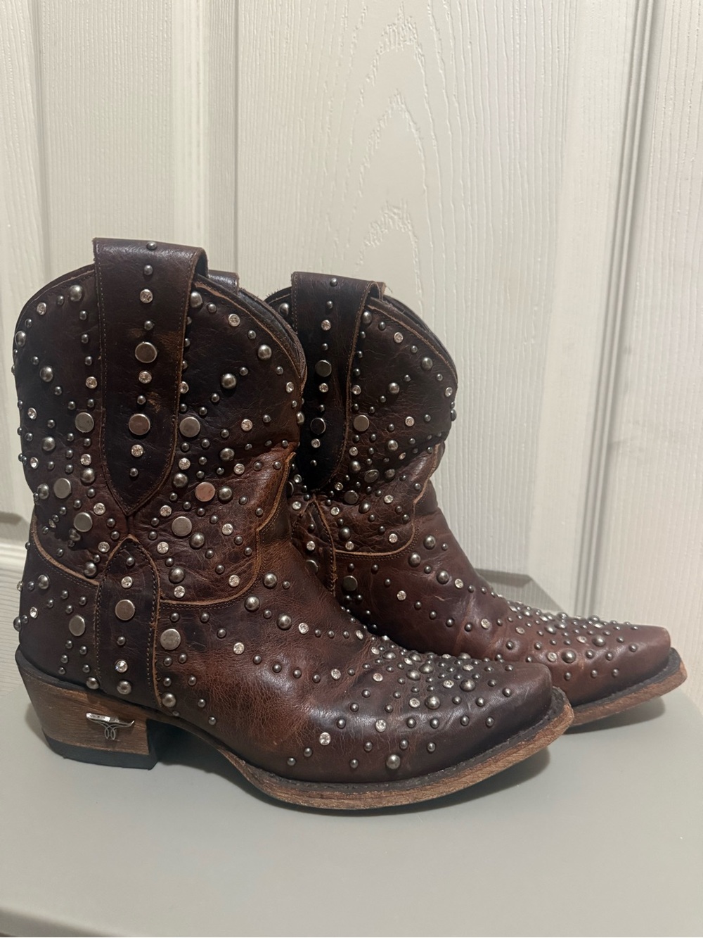 Lane Studded Brown Leather Western cowgirl Boot / bootie